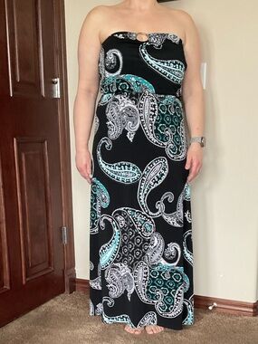 White House Black Market Strapless Black with White & Teal Paisley Maxi Dress